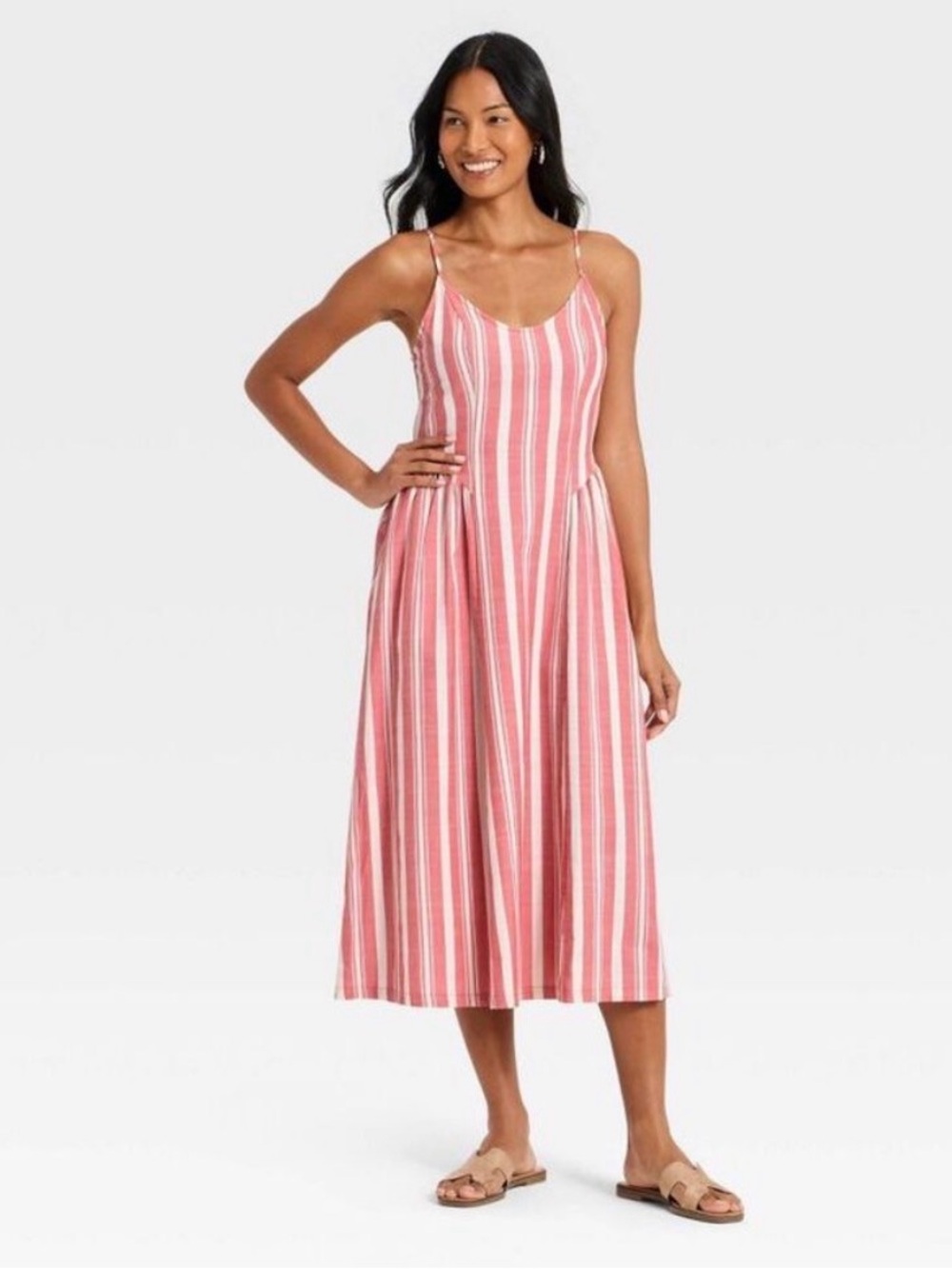 A New Day Women's Corset Sundress Cream/Red Striped Dress with pockets Size S